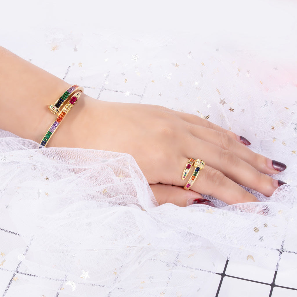 Micro Diamond Nail Bracelet & Ring Set – Gold-Plated Copper Zircon Jewellery