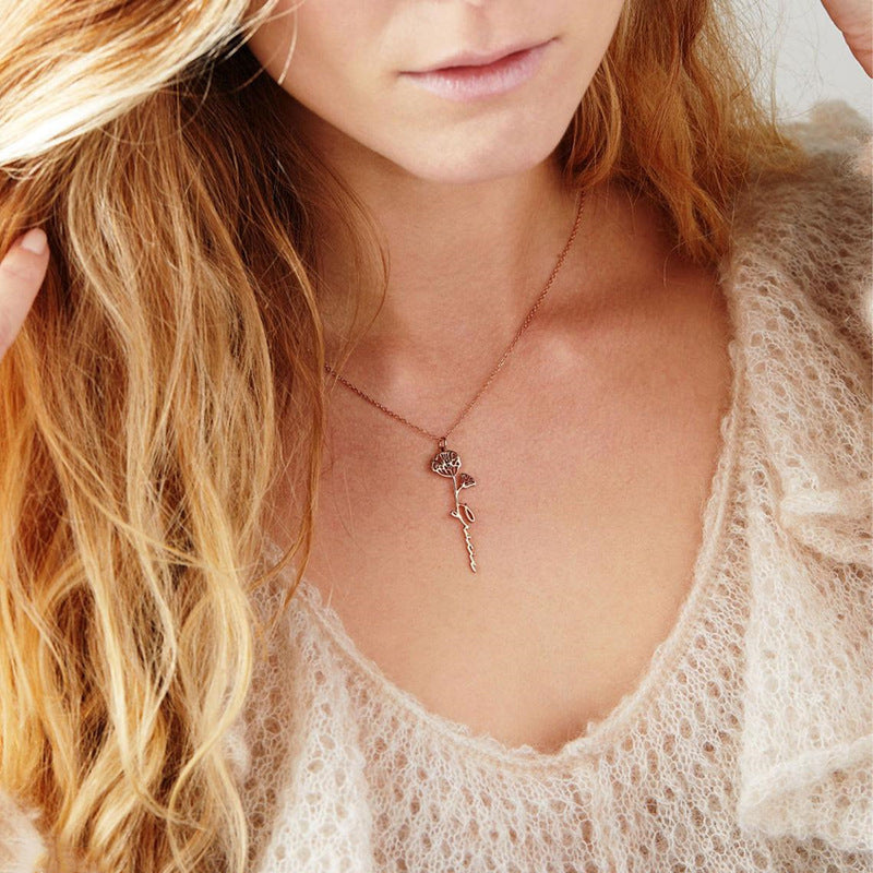 Birth Flower Necklace – Stainless Steel Pendant Necklace for Women