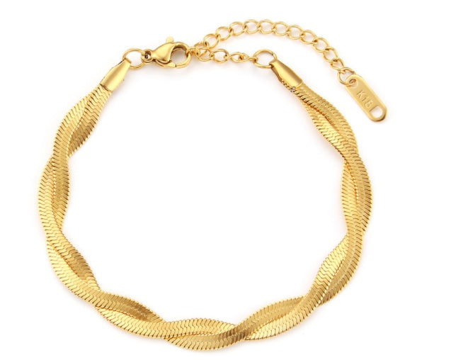 18K Gold Plated Titanium Steel Woven Fishbone Bracelet & Necklace Set