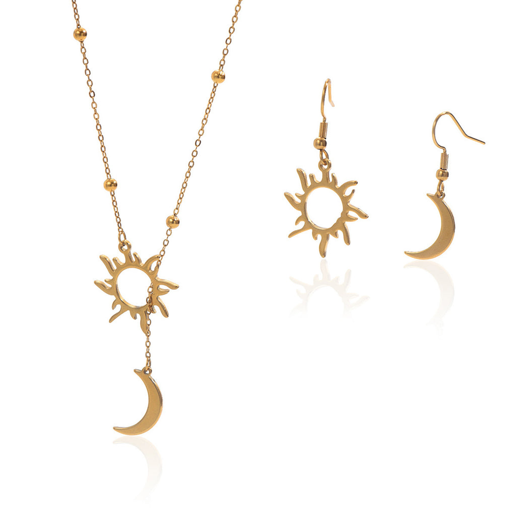 18K Gold Plated Stainless Steel Sun & Moon Necklace and Hoop Earrings Set for Women