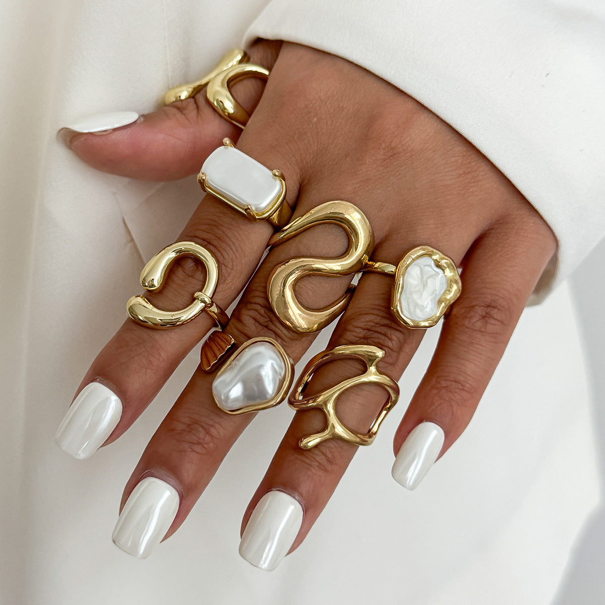 7 PCs Open-End Pearl & Geometric Ring Set – Elegant Women’s Adjustable Fashion Jewellery