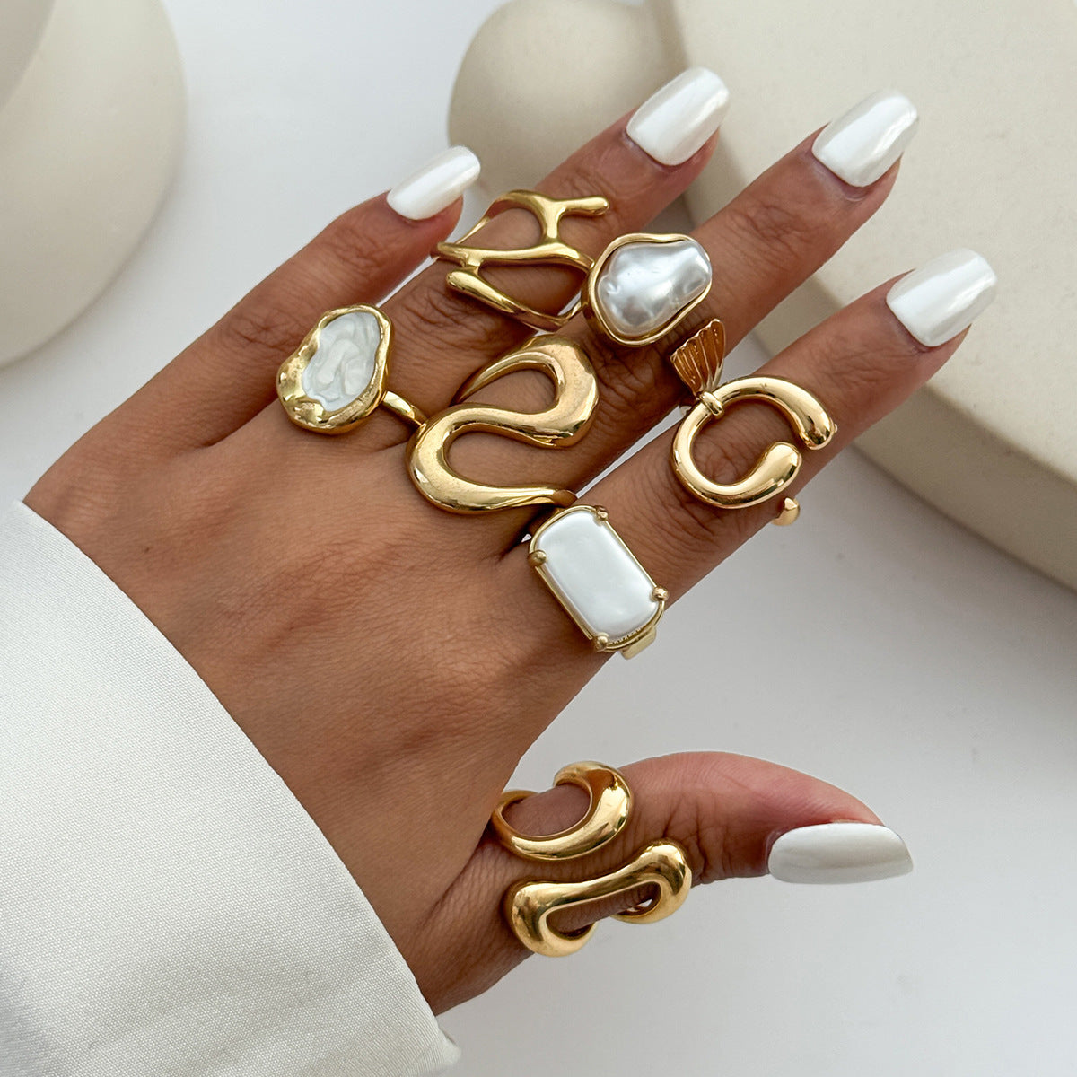 7 PCs Open-End Pearl & Geometric Ring Set – Elegant Women’s Adjustable Fashion Jewellery