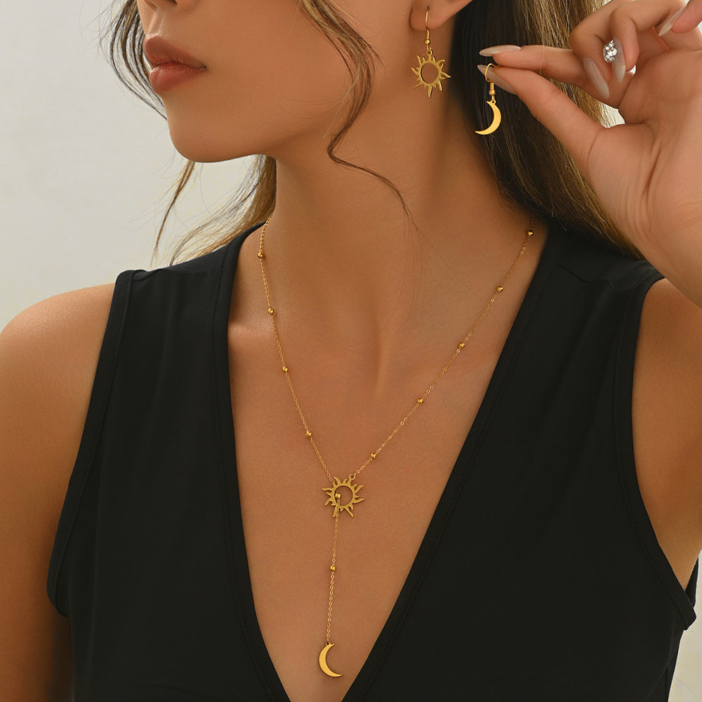 18K Gold Plated Stainless Steel Sun & Moon Necklace and Hoop Earrings Set for Women
