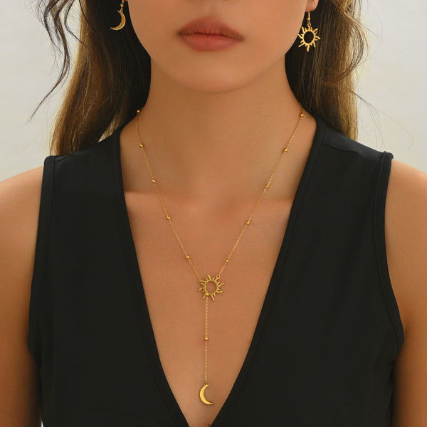 18K Gold Plated Stainless Steel Sun & Moon Necklace and Hoop Earrings Set for Women