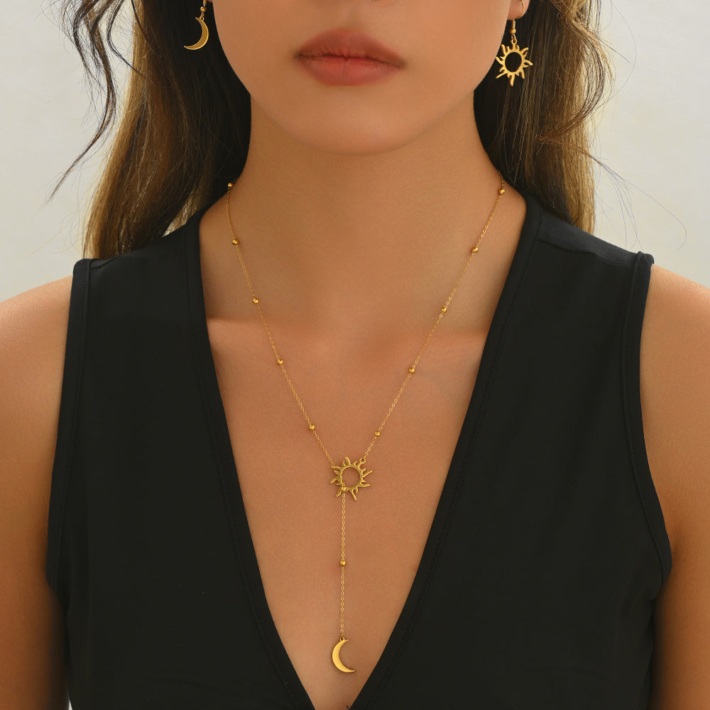 18K Gold Plated Stainless Steel Sun & Moon Necklace and Hoop Earrings Set for Women