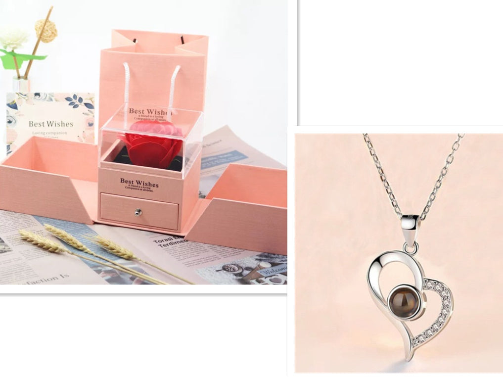 Valentine’s Day Rose Necklace Gift – Metal Jewellery in Gift Box