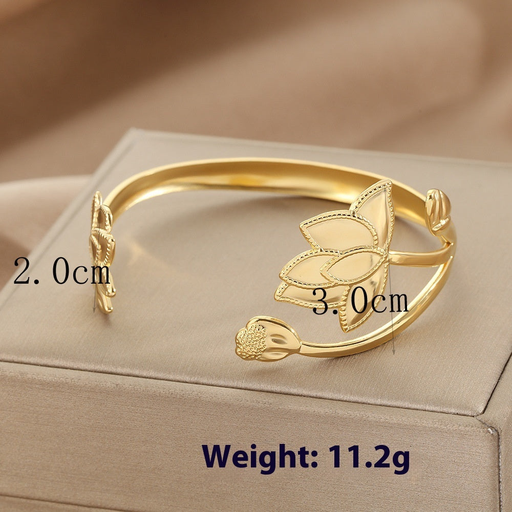 Women’s Stainless Steel Bracelet – Lotus Ring Design with Glossy Stripes