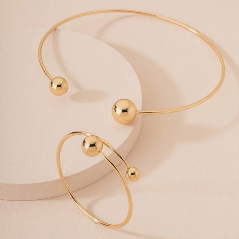Gold Open-End Bangle Bracelet – Thin Adjustable Ball Design