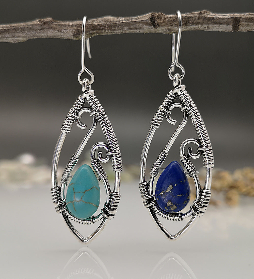 Creative Lapis Retro Silver Earrings – Turquoise String Winding Design for Women