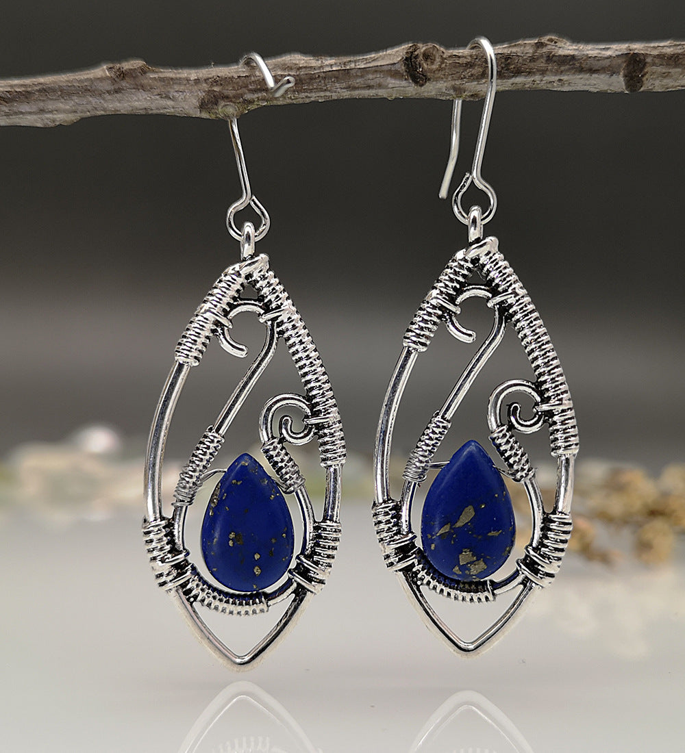 Creative Lapis Retro Silver Earrings – Turquoise String Winding Design for Women