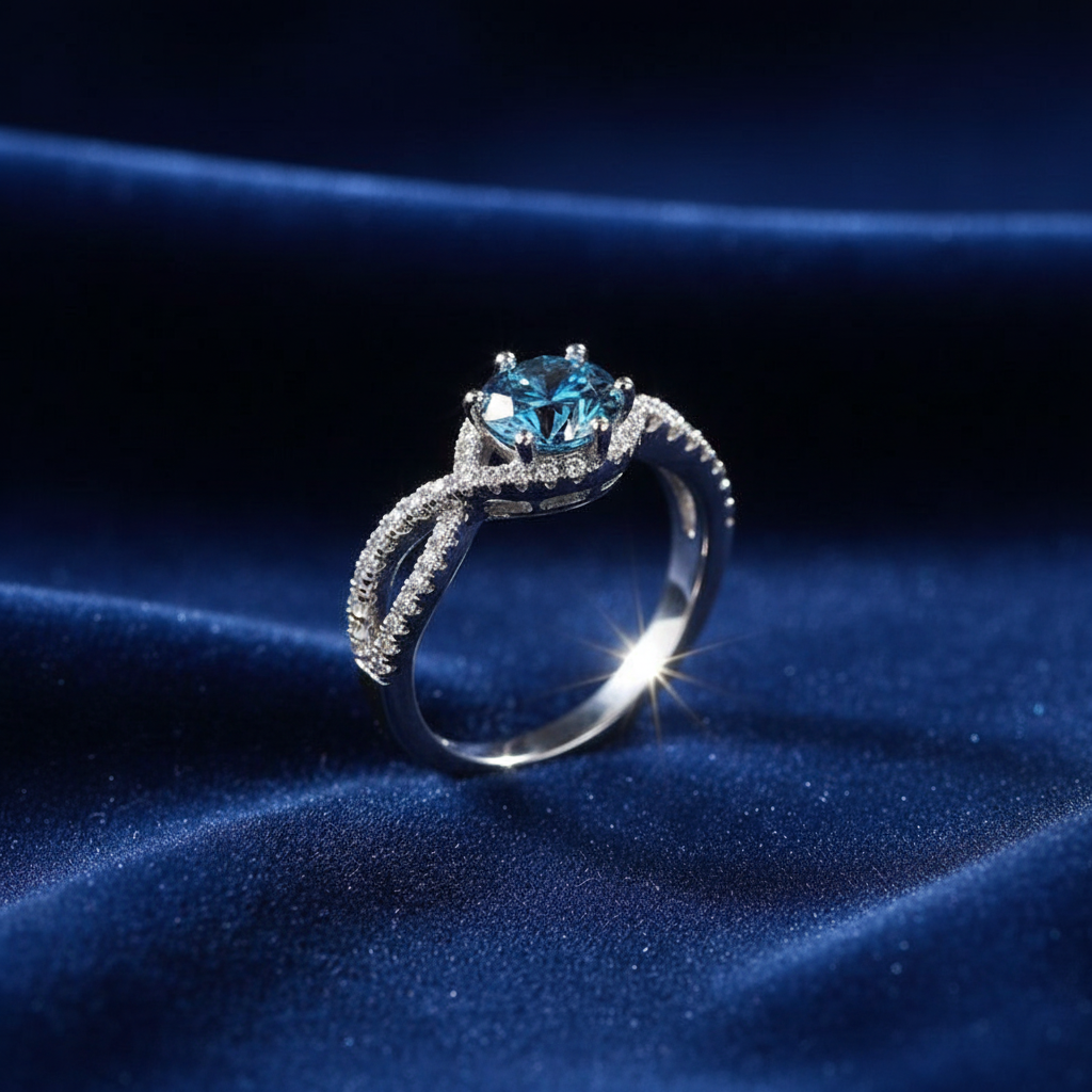 Blue Infinity Ring on Navy Velvet