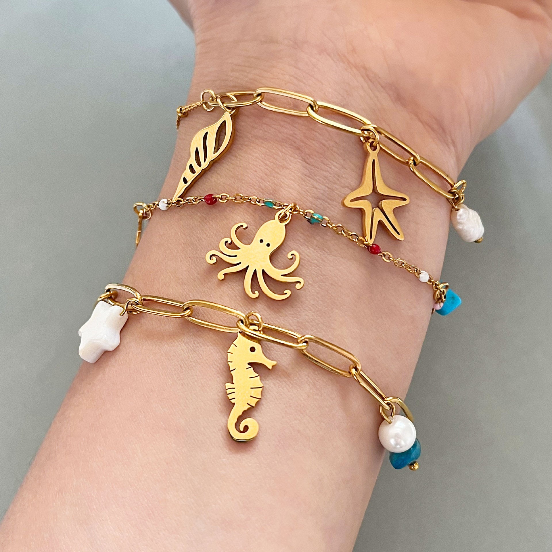 Sea Life Adjustable Bracelet with Seahorse and Starfish Charms
