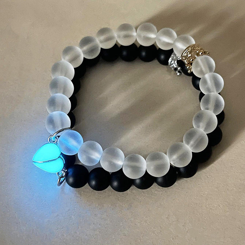 Handmade Glow-in-the-Dark Couple Bracelets – Heart & Crown Charms