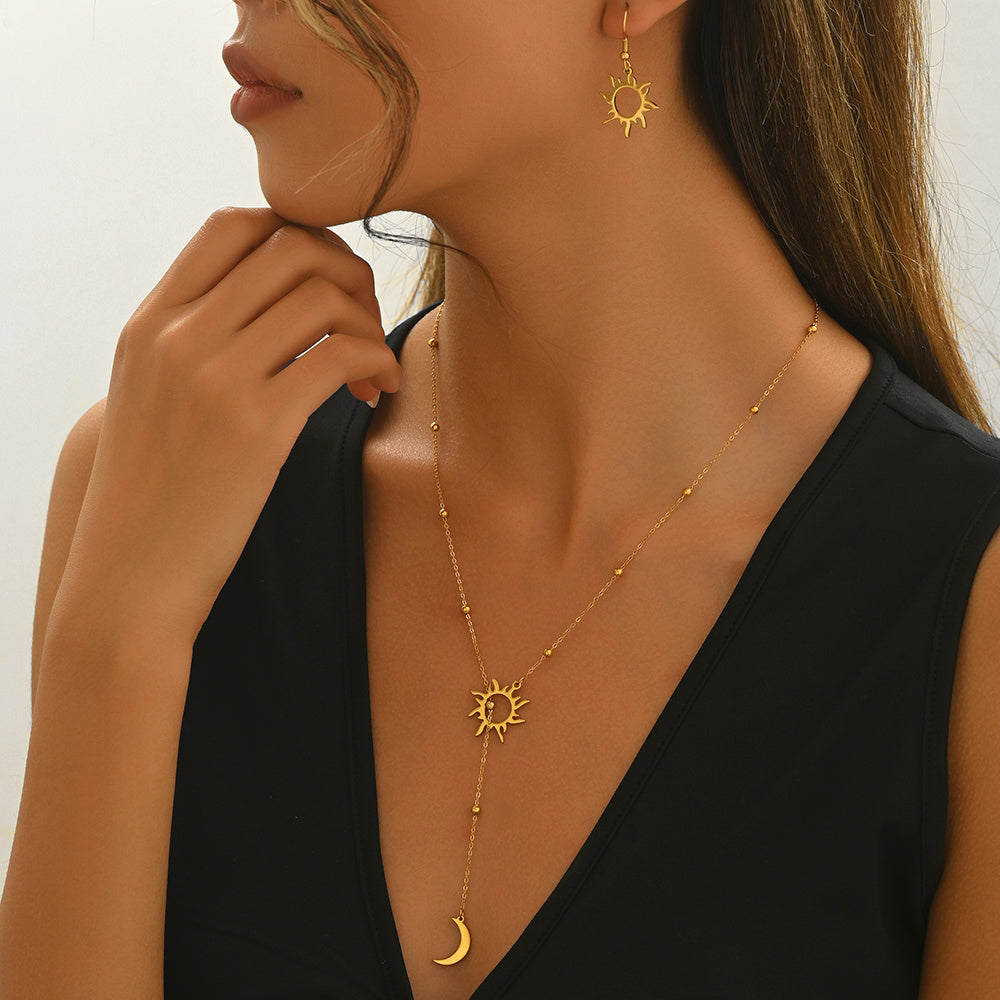 18K Gold Plated Stainless Steel Sun & Moon Necklace and Hoop Earrings Set for Women
