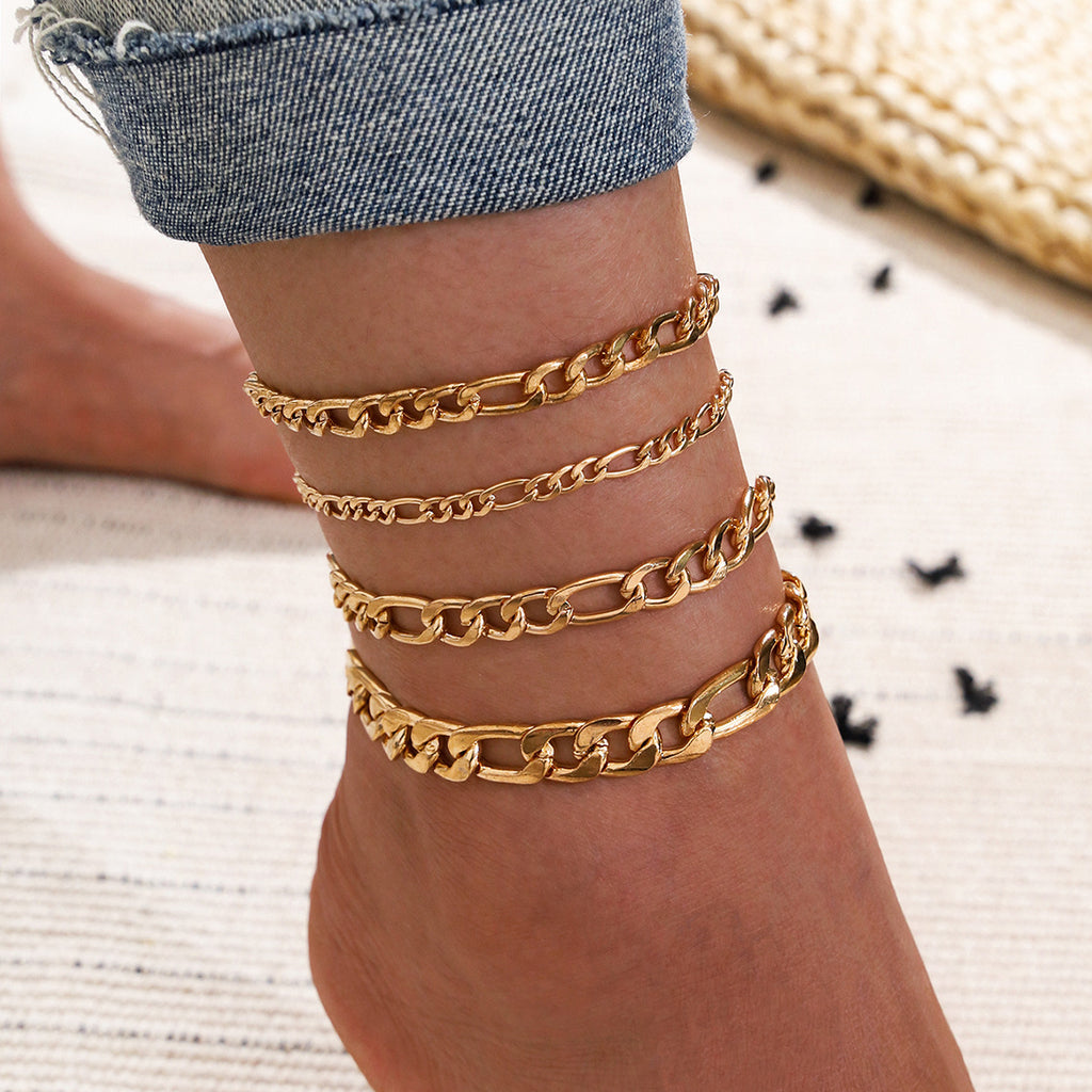 5-Piece Women’s Gold Anklet Set – Heart Crystal & Key Snake Chain Foot Jewellery