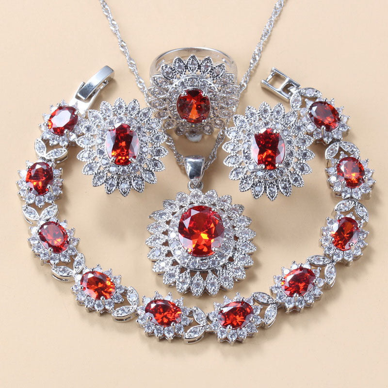 Garnet & Cubic Zirconia 4-Piece Jewellery Set – Necklace, Earrings, Bracelet & Ring