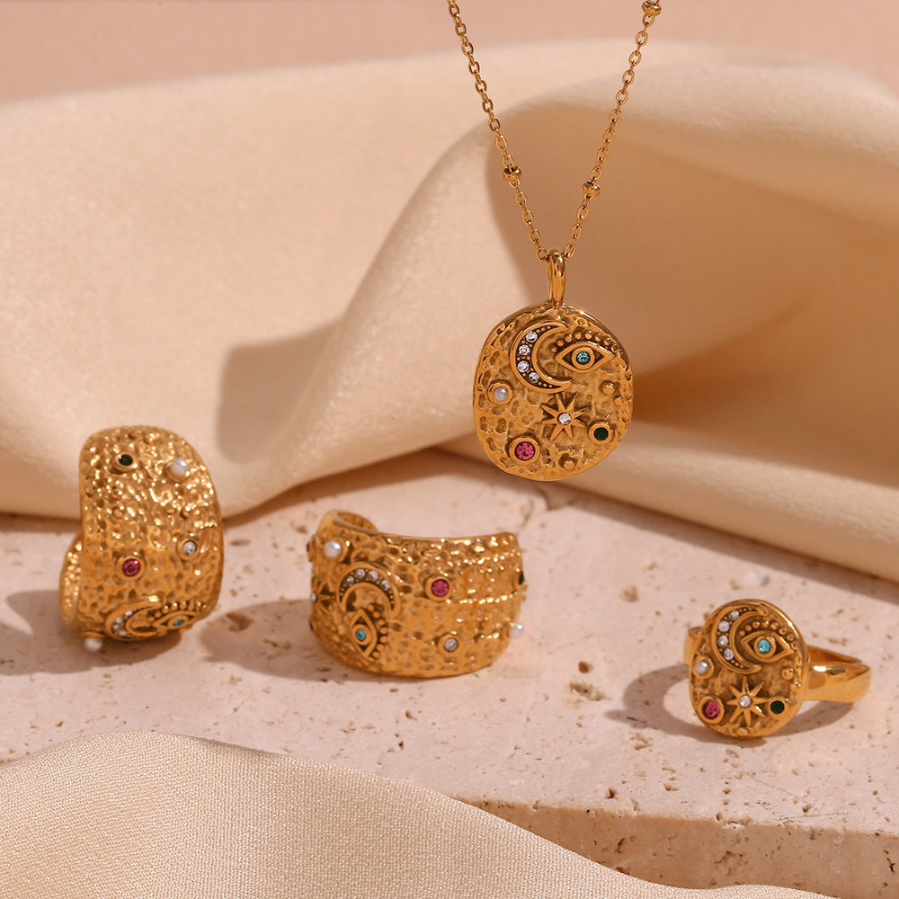 18K Gold Plated Stainless Steel Star & Moon Micro Inlay Necklace