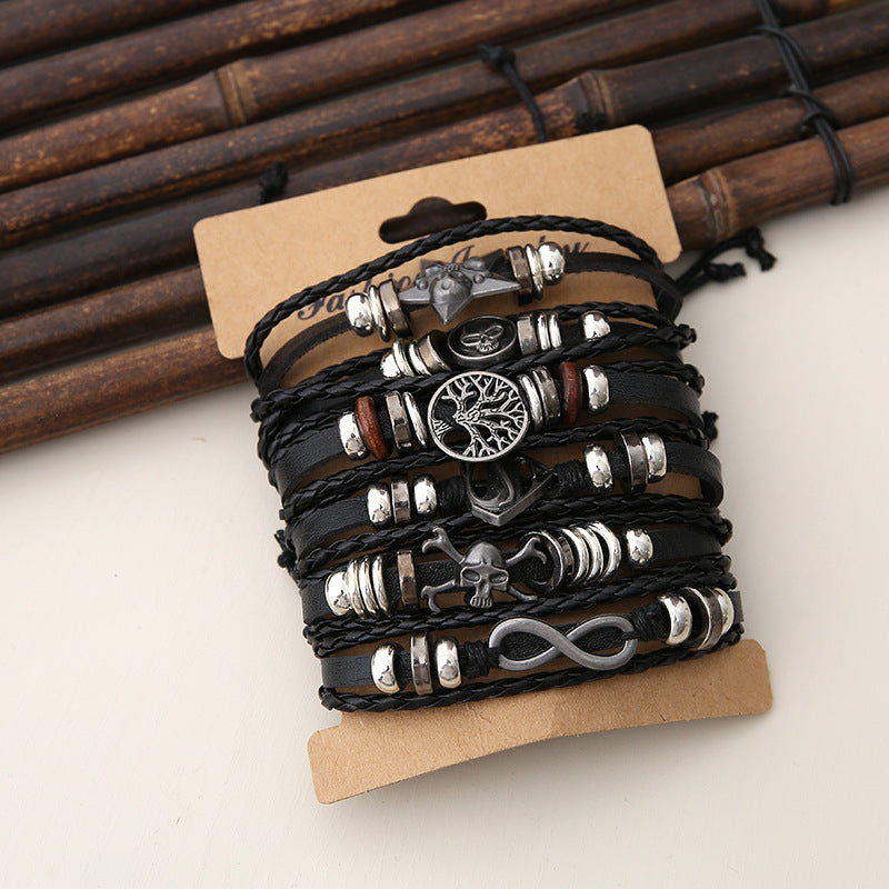 Hand-Woven Leather Bracelet Set – 6-Piece Unisex Classic Style