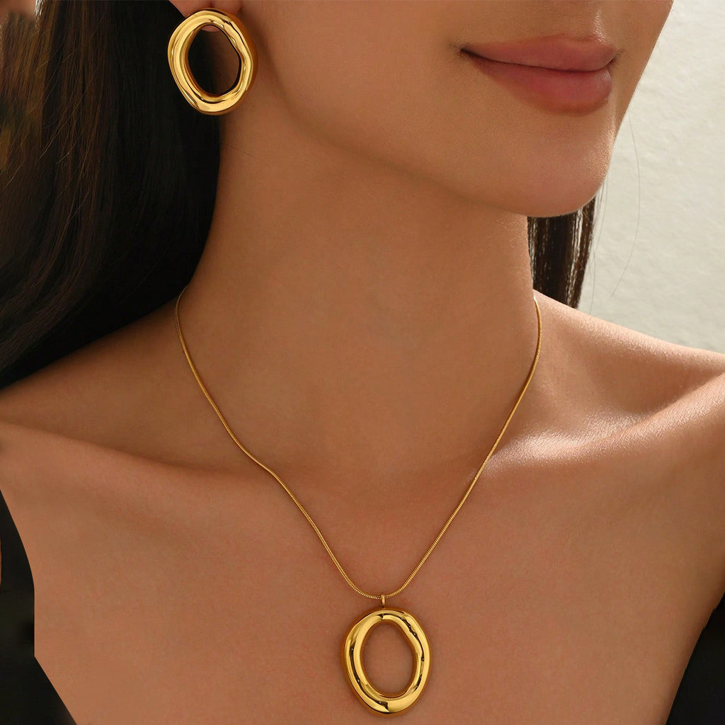 18K Gold Plated Stainless Steel Oval Pendant Necklace & Earrings Set for Women