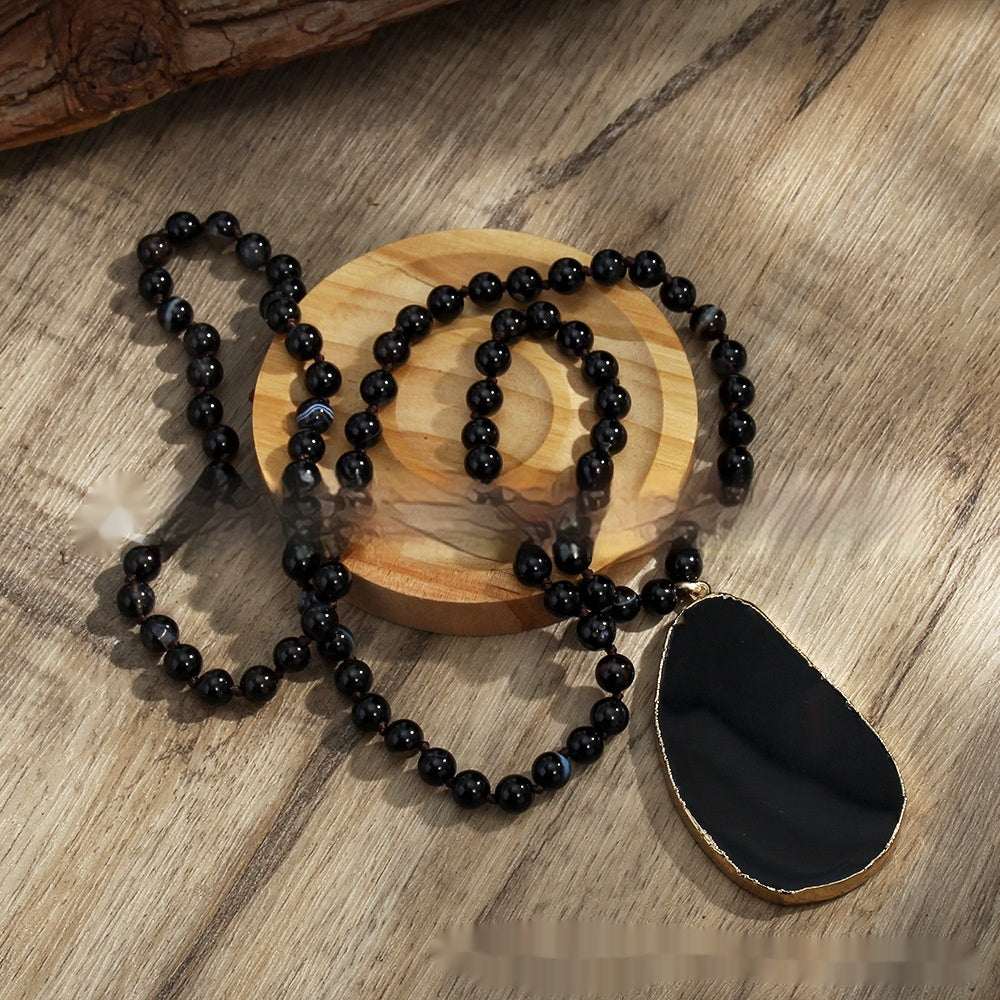 Bohemian 8mm Natural Stone Glass Knotted Necklace – Irregular Striped Agate Pendant