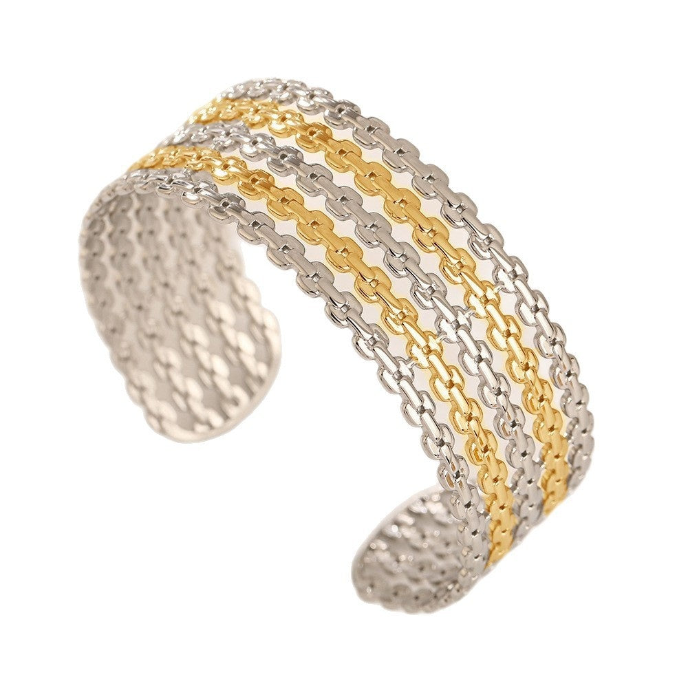 Women’s Stainless Steel Bracelet – Lotus Ring Design with Glossy Stripes