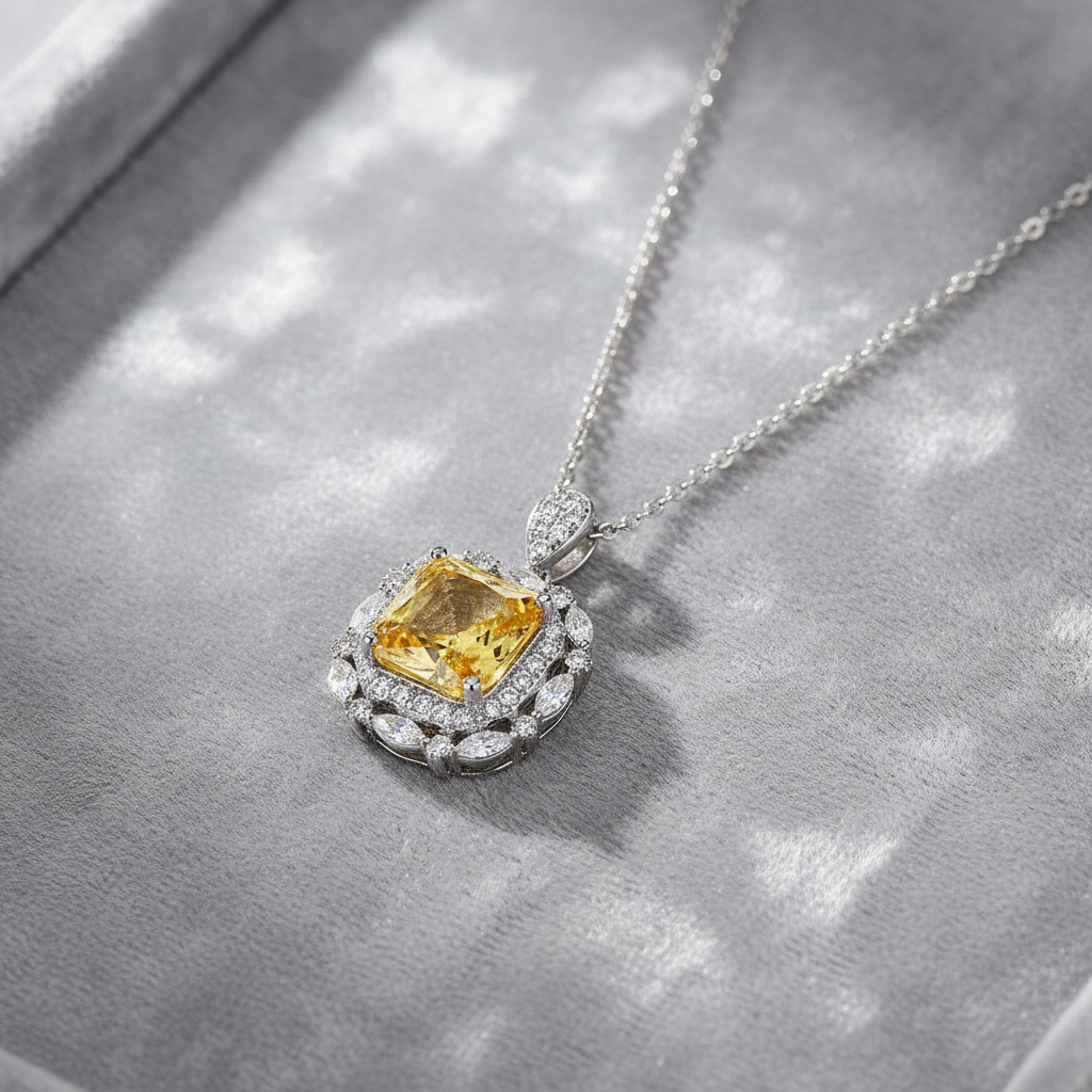 Cushion Citrine Necklace on Grey Velvet