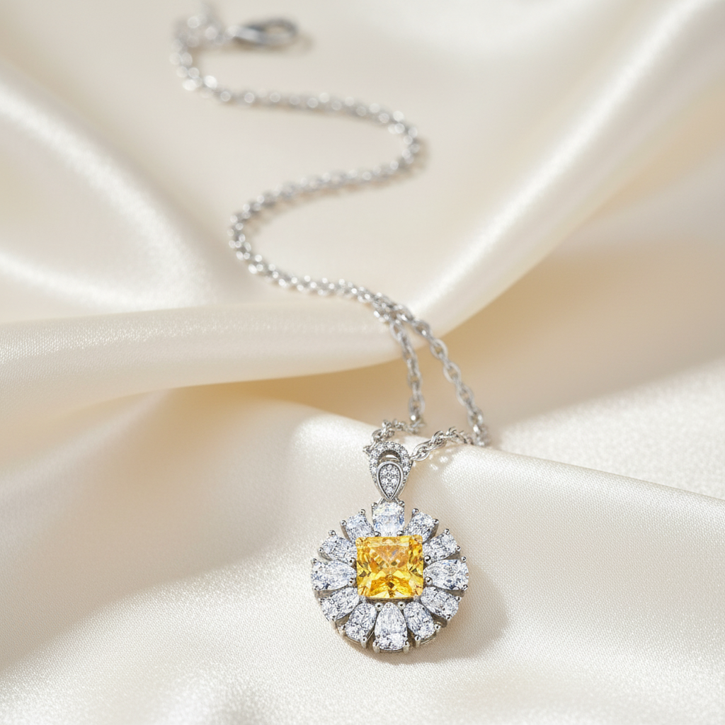 Cushion Citrine with Large Halo on Cream Silk