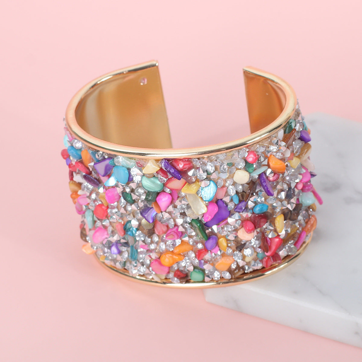 Women’s Retro Wide Bracelet – Colour Gravel C-Shaped Opening Jewellery