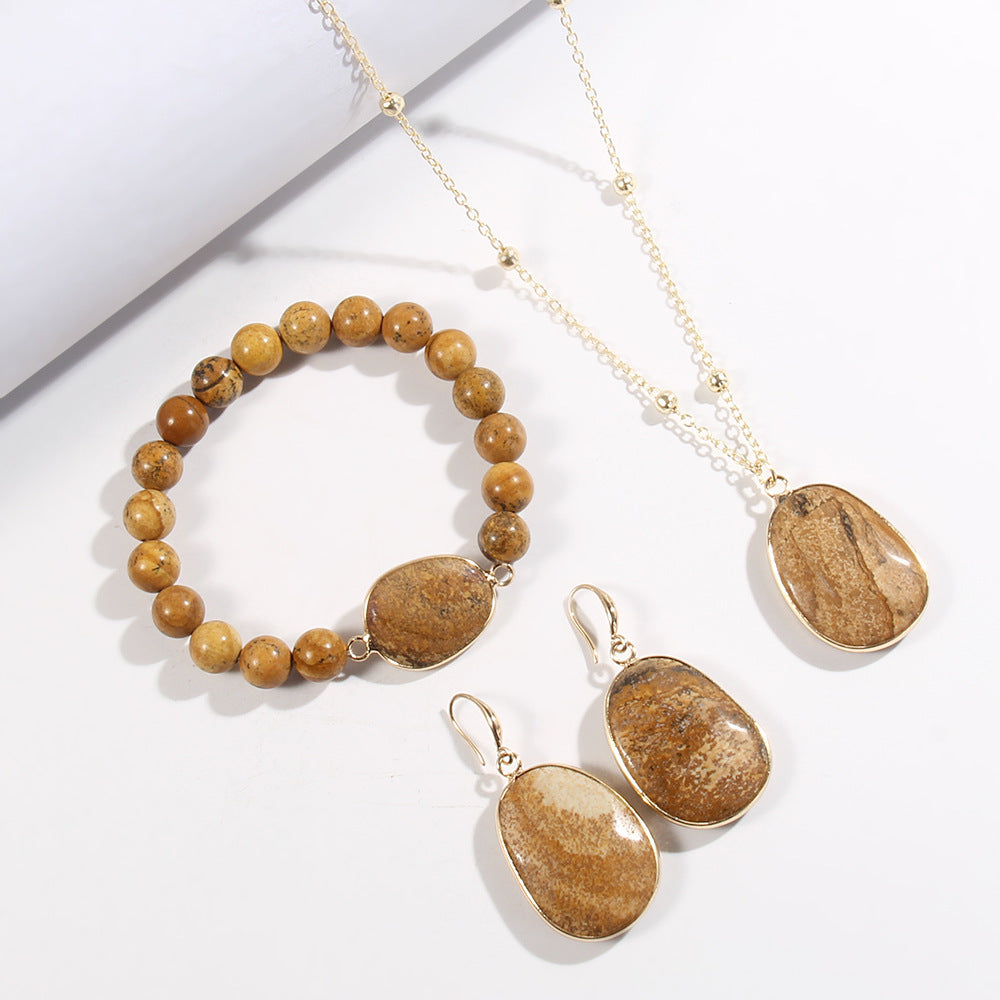 Gold Jewellery Set with Natural Stone – Necklace, Bracelet, Earrings for Women