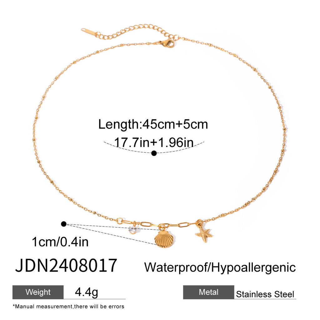 18K Gold Plated Stainless Steel Starfish Pendant Necklace with White Zircon