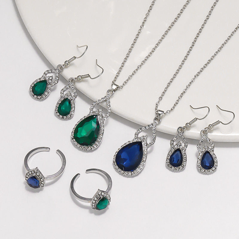 Light Luxury Zircon Jewellery Set – Necklace, Earrings & Open Ring