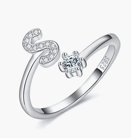 S925 Sterling Silver Adjustable Alphabet Ring – A-Z Diamond Initial Open Ring for Women