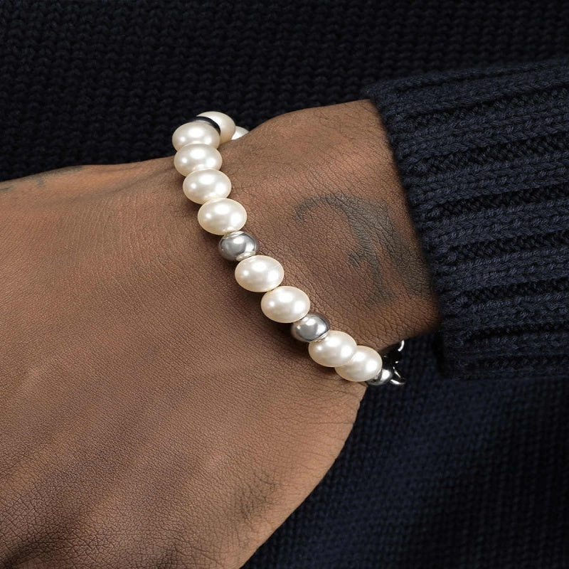 Men’s Black Agate Bracelet – Steel Bead and Pearl Splicing Design