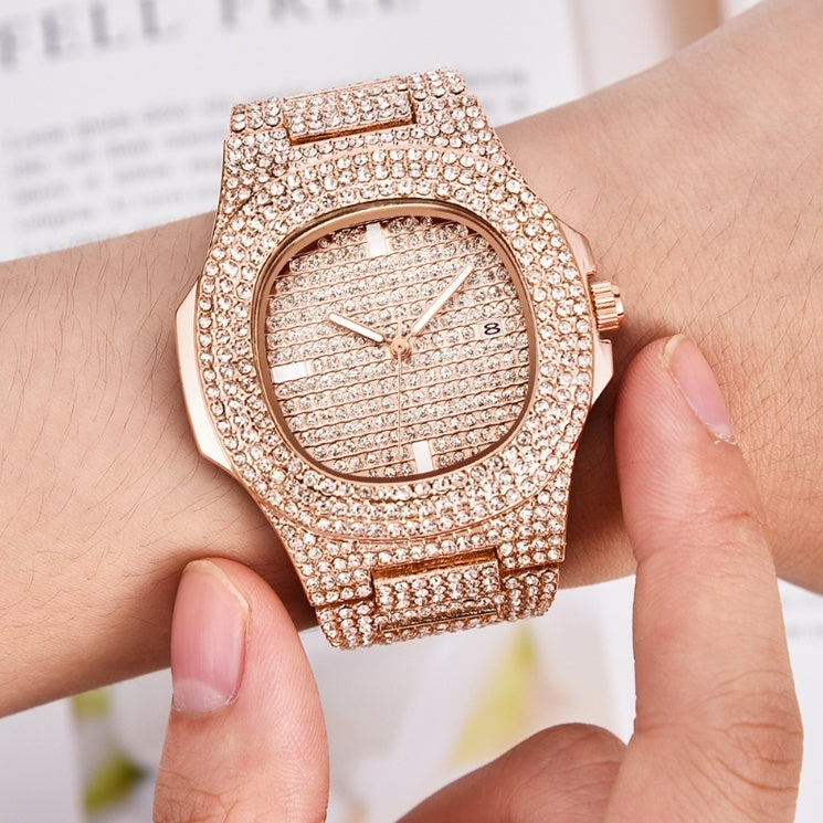 Luxury Men’s Diamond Watch – Quartz Date Display, Fashion Wristwatch