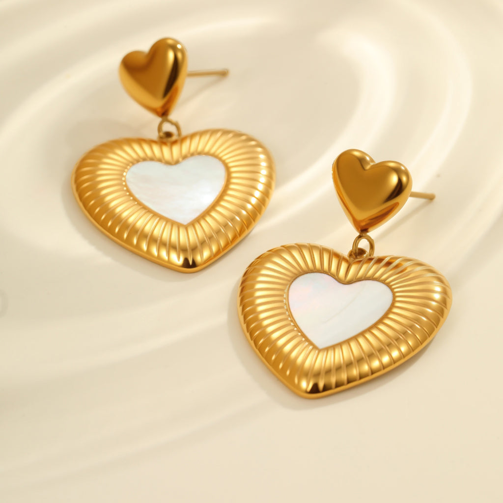 Heart-Shaped Stainless Steel Earrings – White Fritillary Design for Women