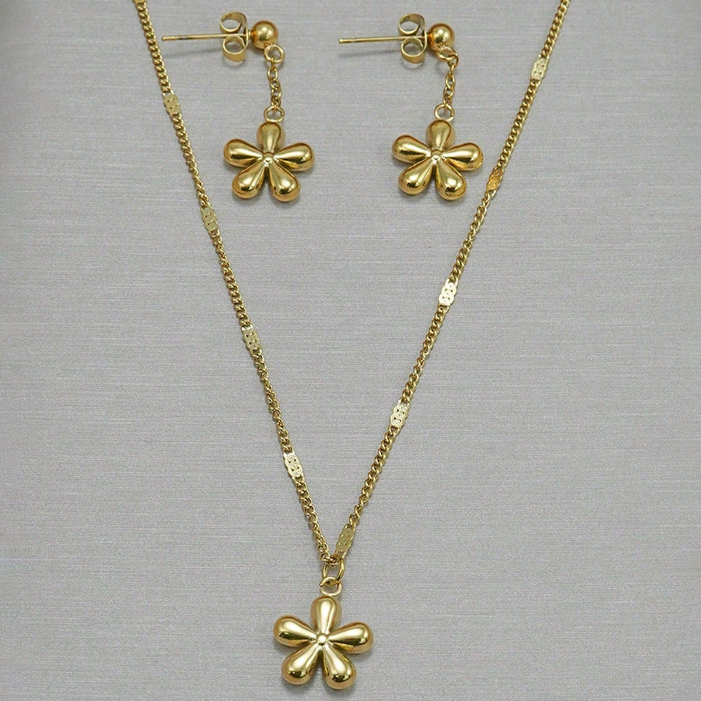 18K Gold Plated Stainless Steel Dainty Flower Necklace & Earrings Set for Women