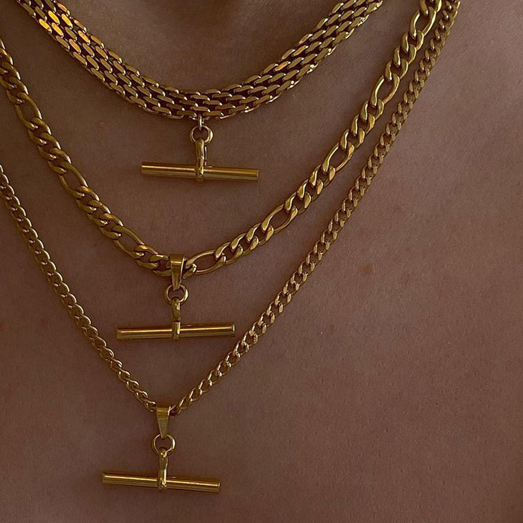 18K Gold T-Bar Pendant Rope Chain Necklace – Punk Hip Hop Stainless Steel Jewellery