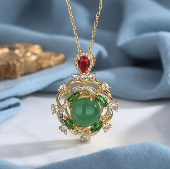 S925 Sterling Silver Necklace with Natural Chrysoprase Agate – Elegant Inlaid Gemstone Jewellery