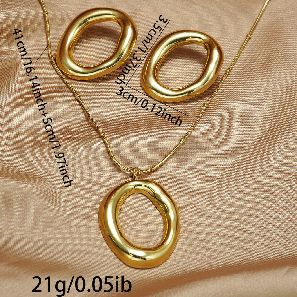 18K Gold Plated Stainless Steel Oval Pendant Necklace & Earrings Set for Women