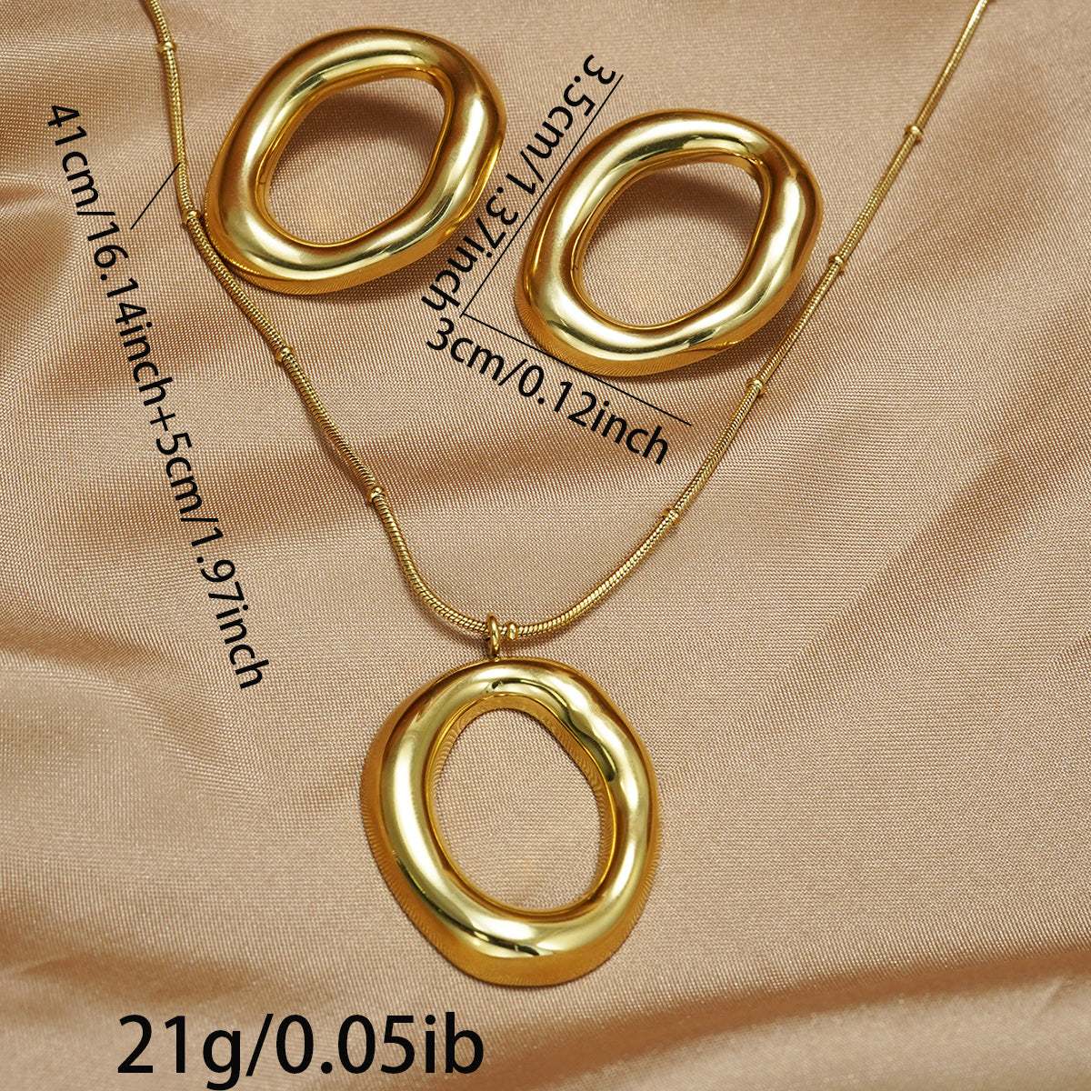 18K Gold Plated Stainless Steel Oval Pendant Necklace & Earrings Set for Women