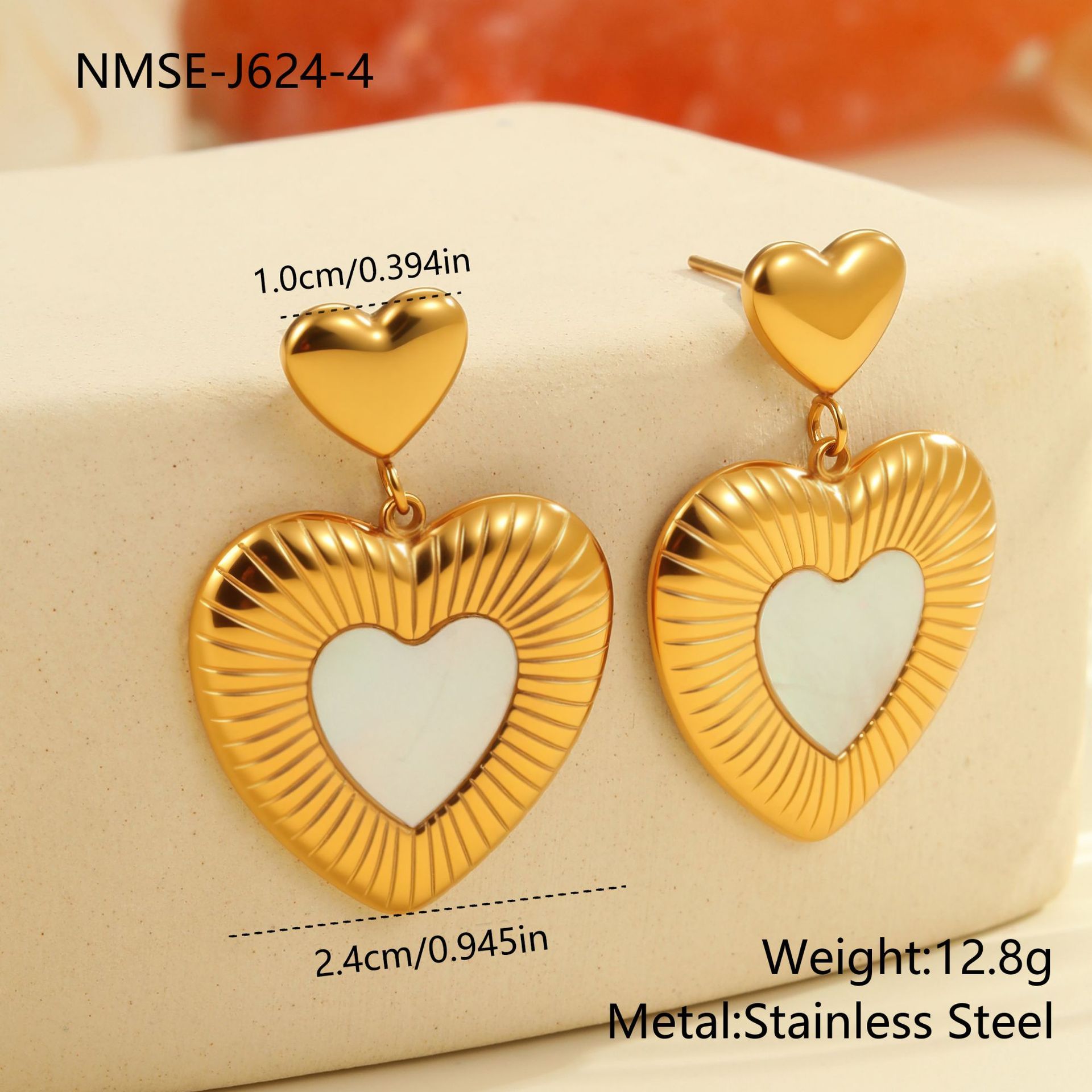 Heart-Shaped Stainless Steel Earrings – White Fritillary Design for Women