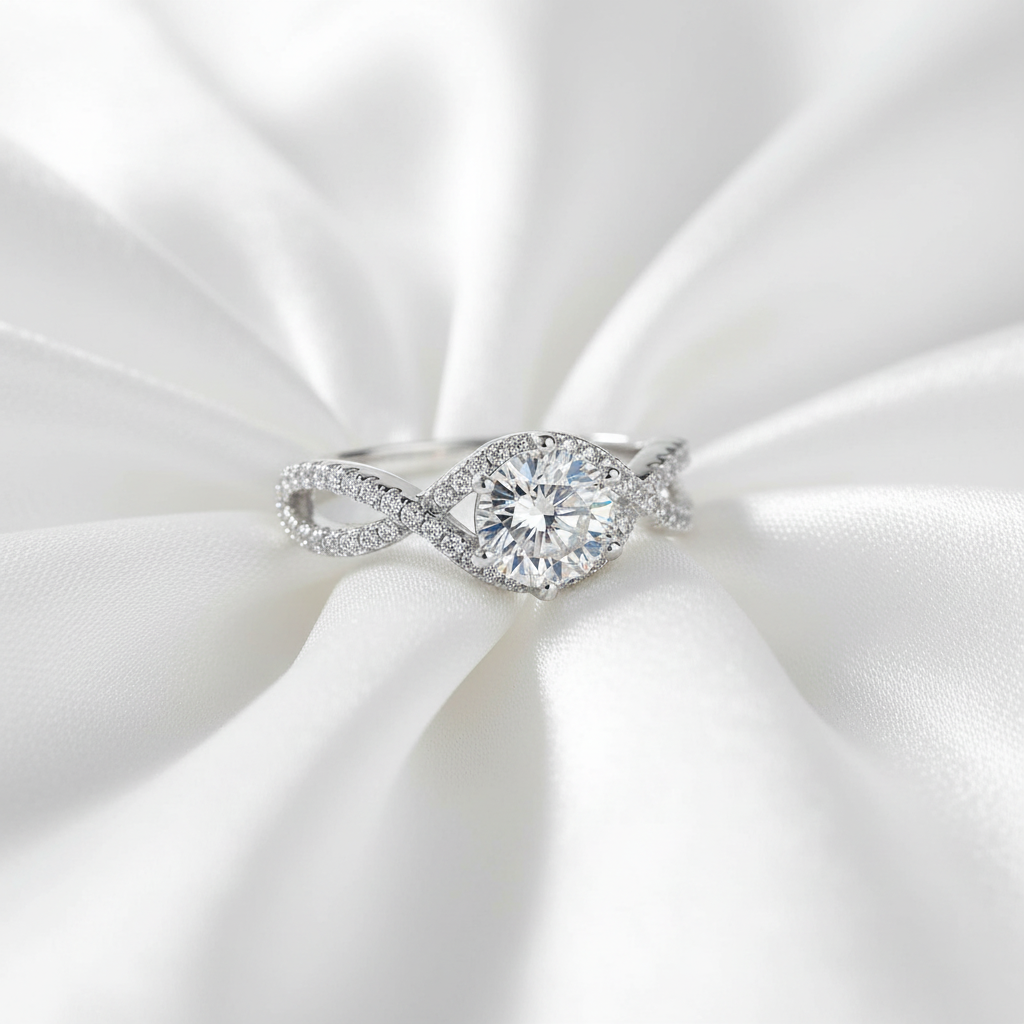 Diamond Infinity Ring on White Silk