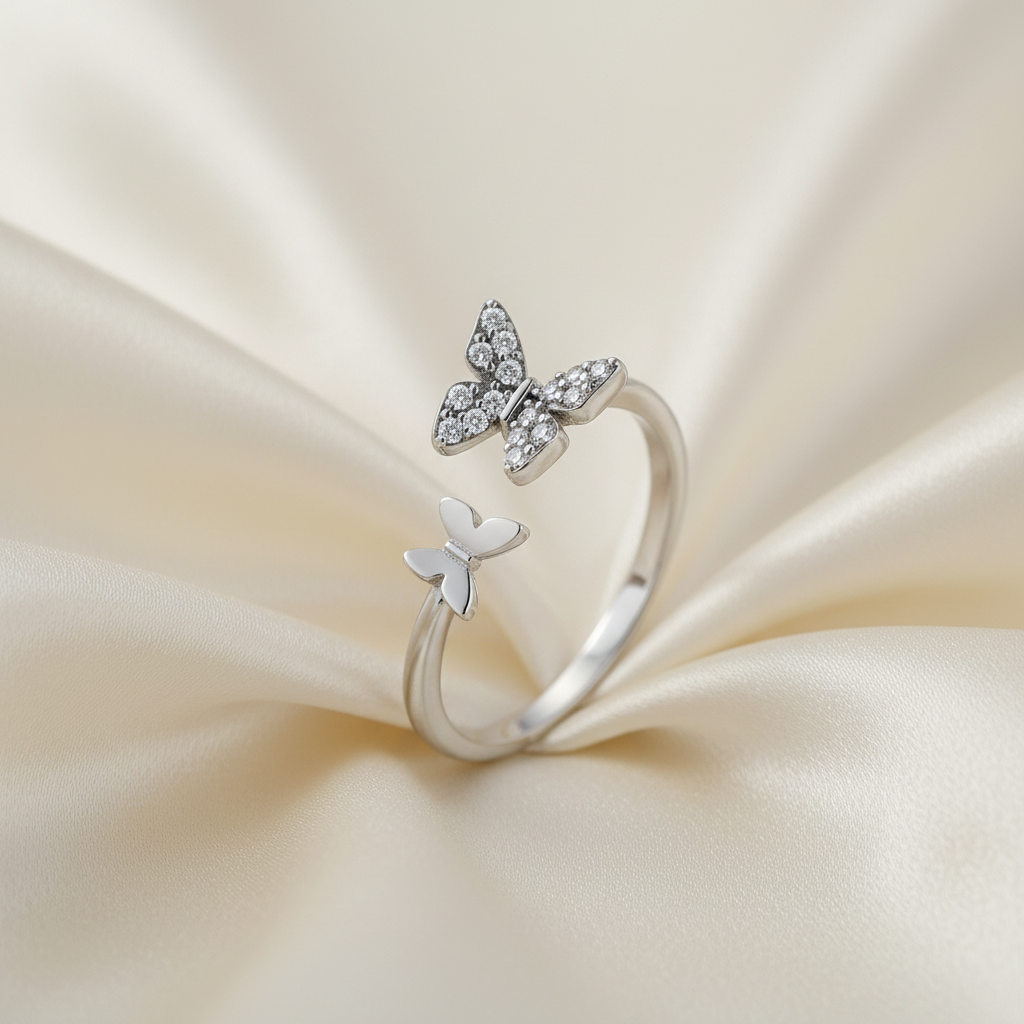 Double Butterfly Ring on Cream Silk