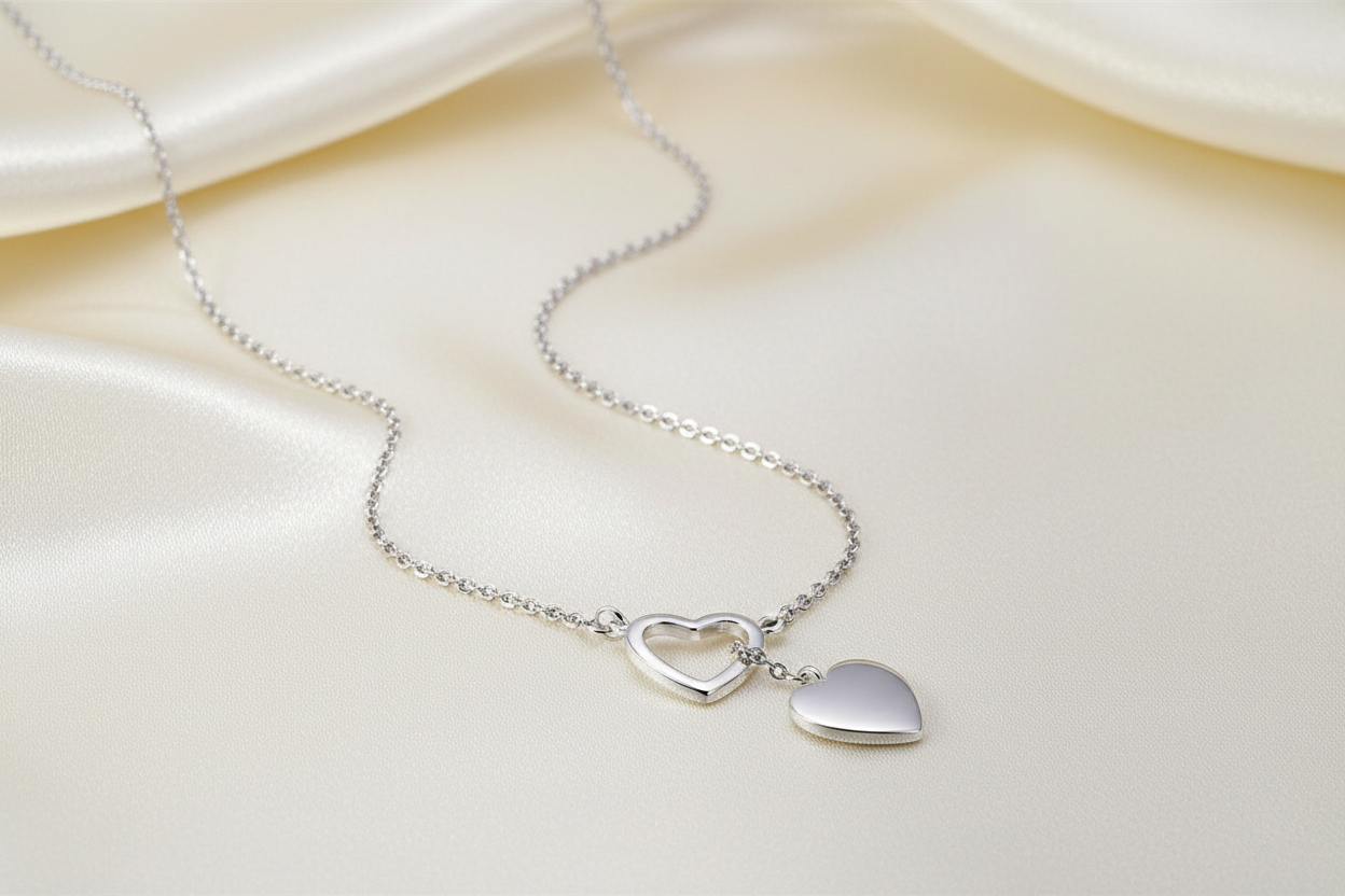 Double Heart Lariat on Cream Silk