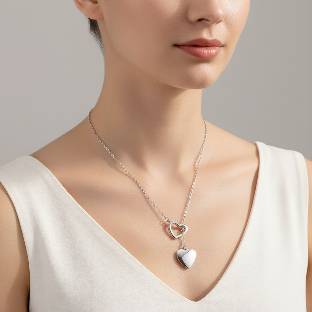 Double-heart necklace on model