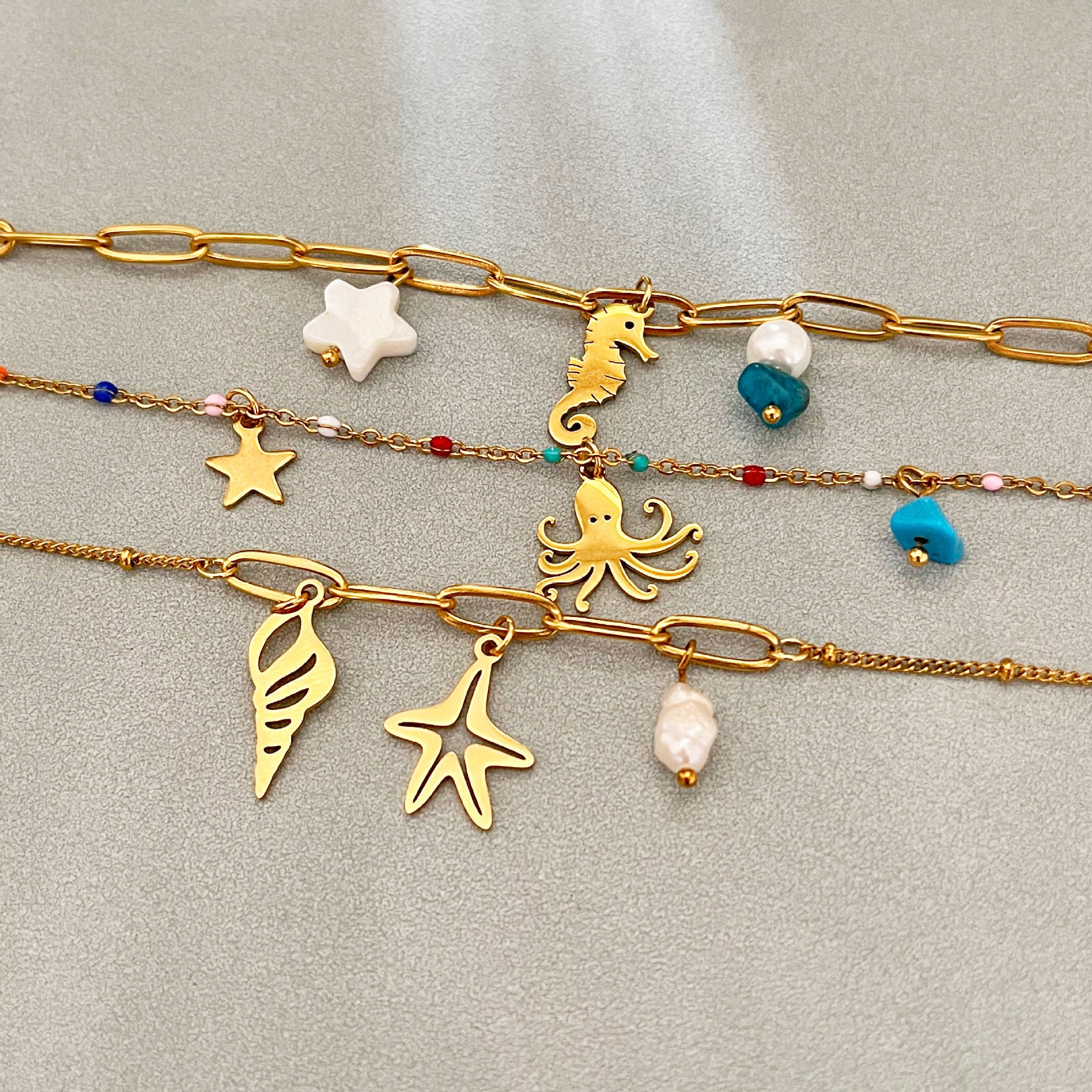 Sea Life Adjustable Bracelet with Seahorse and Starfish Charms