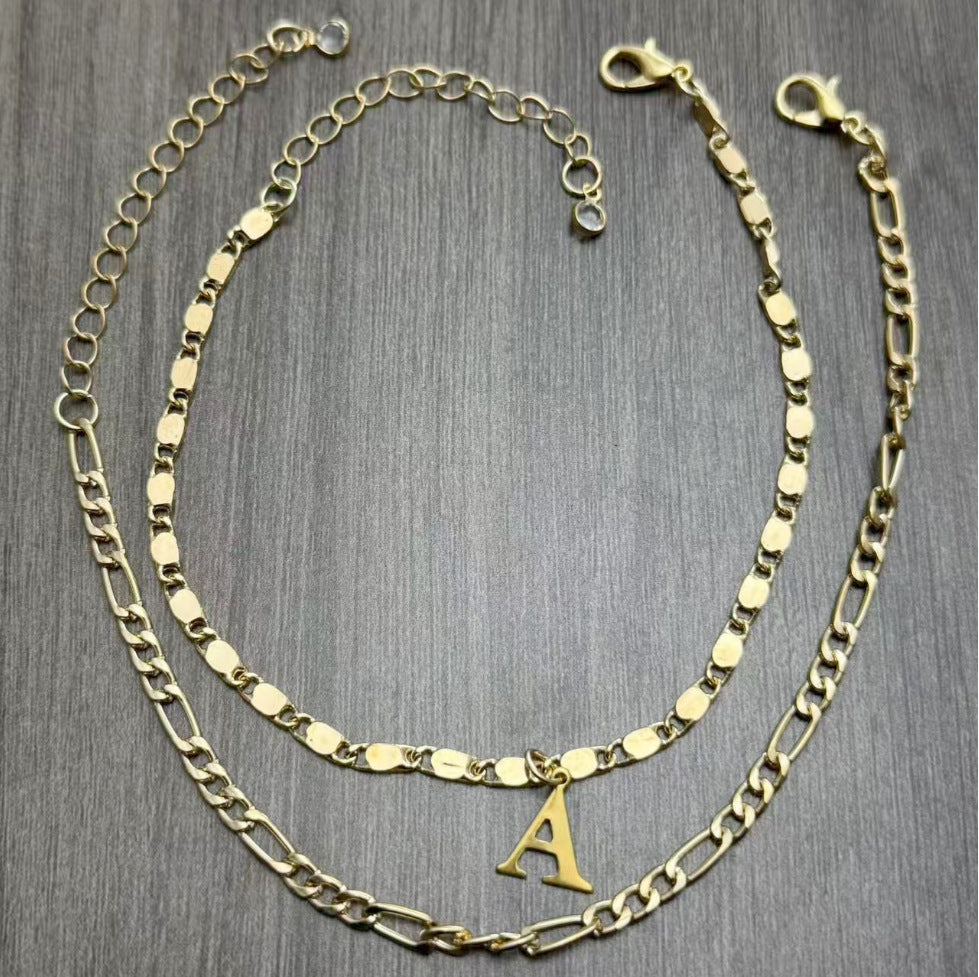 Gold Initial Letter Anklet – Double Layer Twin Chain for Women