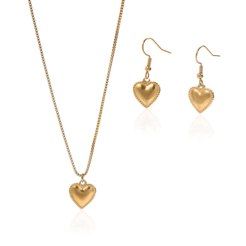 Luxury 18K Gold-Plated Stainless Steel Puffy Heart Pendant Necklace & Earrings Set – Women’s Jewellery