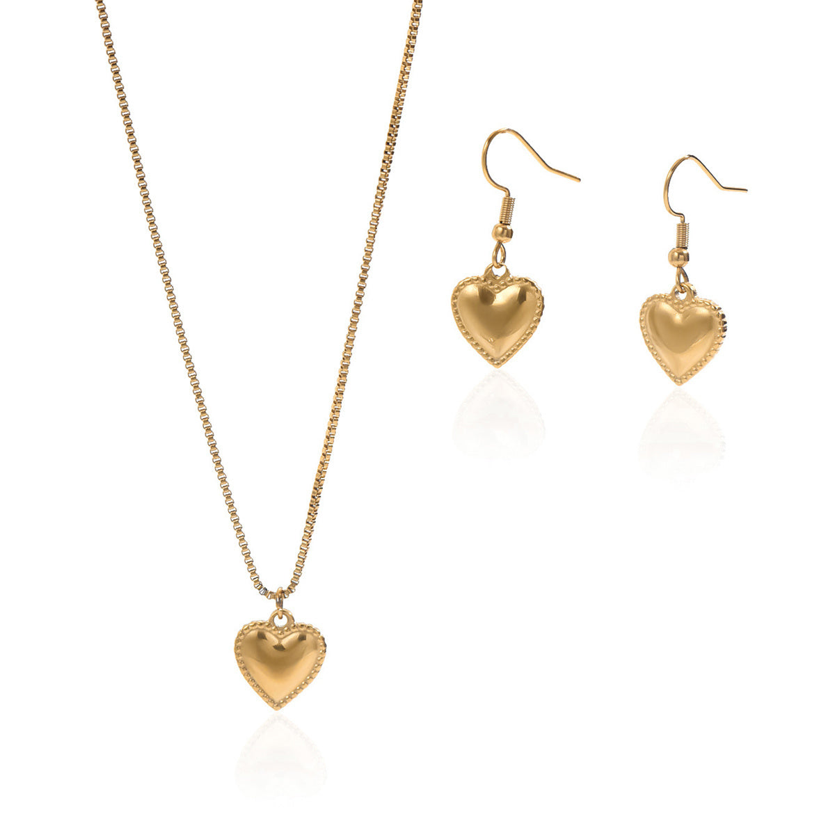 Luxury 18K Gold-Plated Stainless Steel Puffy Heart Pendant Necklace & Earrings Set – Women’s Jewellery
