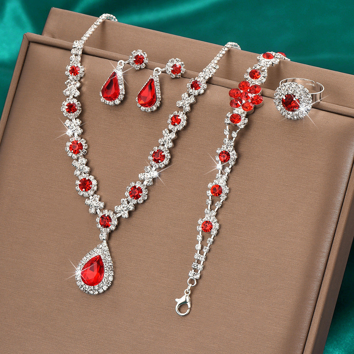 Elegant Women’s Crystal Water Drop Jewellery Set – Necklace, Earrings, Bracelet & Ring